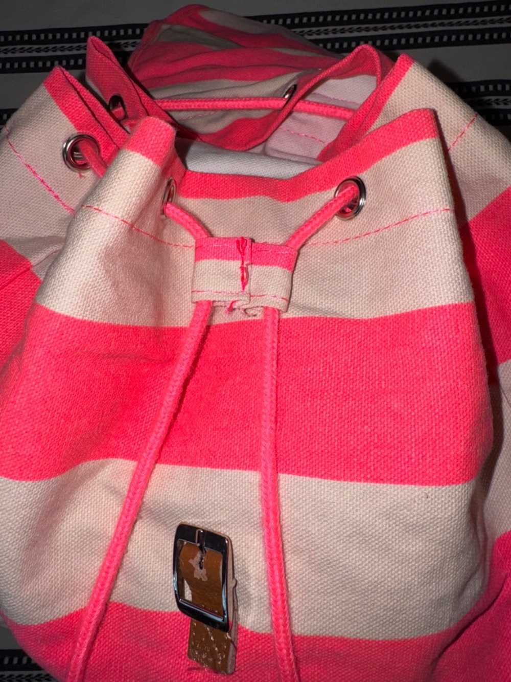 NWOT, Y2K PINK Victoria's Secret Neon Pink Striped Canvas Backpack, Vintage - Picture 5 of 11